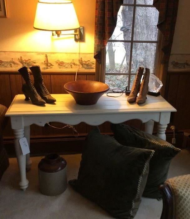 Victorian Shoes, Painted Table, Wooden Bowl (Contemporary) Accent Pillows