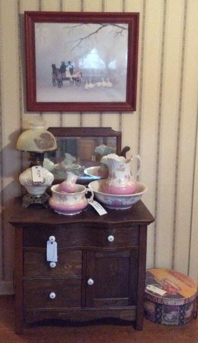 Victorian washstand, wash set, one of several electric oil lamps with hand painted shade (this lamp is a marriage)