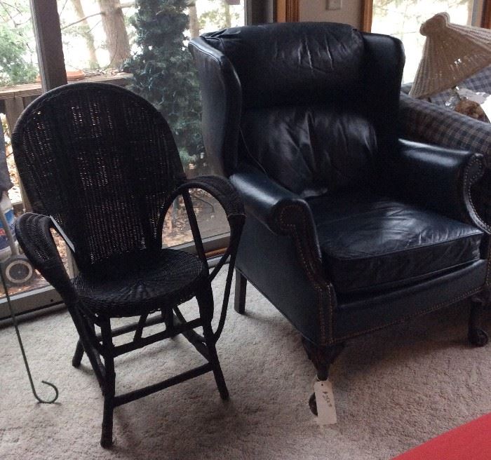 Antique Wicker Chairs (One of a pair shown) Blue Leather Wing Chair