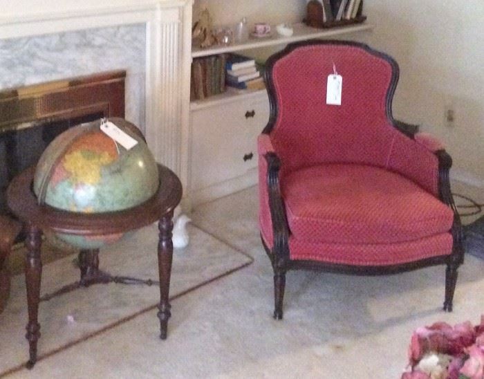 Globe and Stand with one of a pair of Lous XV Style Bergere Chairs