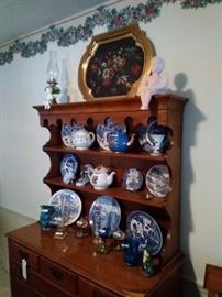 Vintage maple buffet and a collection of blue and white porcelain