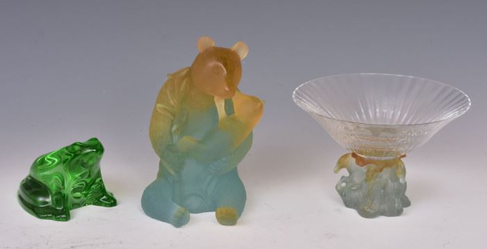 Group of French Art Glass (6)Baccarat Crystal Green Frog,
4" long, together with a Daum Pate-de-Verre
Mother and Baby Bear, 6" high and a 
Daum Pate-de-Verre Vase with galloping
horse base, 4" high, 6" wide
all three pieces are signed together with 
three Lalique butterflies, 2 1/4" long 
all signed             Bid on-line today through March 21st at www.fairfieldauction.com