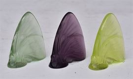 Baccarat Crystal Green Frog,
4" long, together with a Daum Pate-de-Verre
Mother and Baby Bear, 6" high and a 
Daum Pate-de-Verre Vase with galloping
horse base, 4" high, 6" wide
all three pieces are signed together with 
three Lalique butterflies, 2 1/4" long 
all signed             Bid on-line today through March 21st at www.fairfieldauction.com