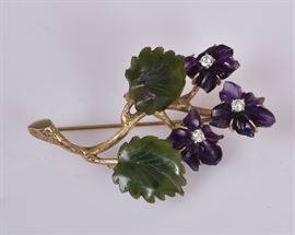 14k Gold Leaf Brooch Amethyst and Jade and Diamonds
2 1/4" long, 9.4 dwt gross             Bid on-line today through March 21st at www.fairfieldauction.com