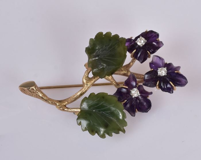 14k Gold Leaf Brooch Amethyst and Jade and Diamonds
2 1/4" long, 9.4 dwt gross             Bid on-line today through March 21st at www.fairfieldauction.com