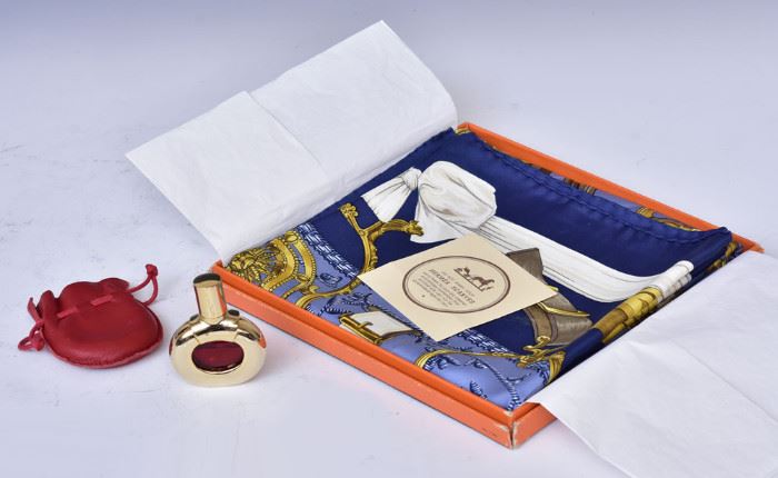 Hermes Scarf with original box together together with 
Hermes perfume             Bid on-line today through March 21st at www.fairfieldauction.com
