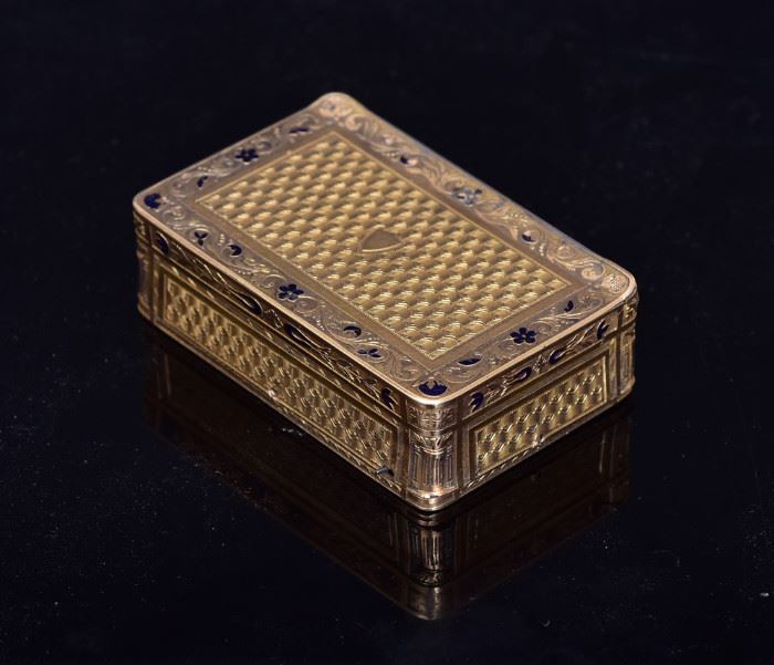 Swiss Musical Enameled 18k Gold Snuff Box             Bid on-line today through March 21st at www.fairfieldauction.com