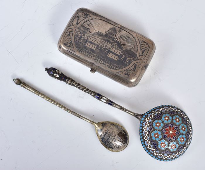 Russian Silver Box  3 3/4" long together with two
Russian silver spoons, one enameled 
and one niello, the longest 6 1/2"             Bid on-line today through March 21st at www.fairfieldauction.com