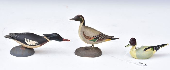 Three Miniature Duck Decoys signed Crowell, 4 3/4" long, 
Ward Bros. Pintail, signed Joe Seme, 4 1/2" long
and Captain Gerald Smith, 6" long             Bid on-line today through March 21st at www.fairfieldauction.com