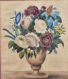 American Therom  Floral Still Life with Urn
13" x 11" watercolor
mid-19th century             Bid on-line today through March 21st at www.fairfieldauction.com