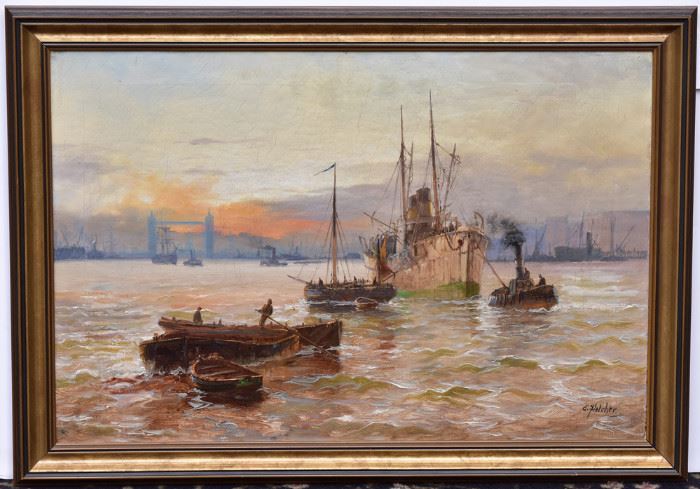 Edward H.E. Fletcher Harbor Scene
19 1/2" x 29 1/2" oil on canvas
singed lower right             Bid on-line today through March 21st at www.fairfieldauction.com