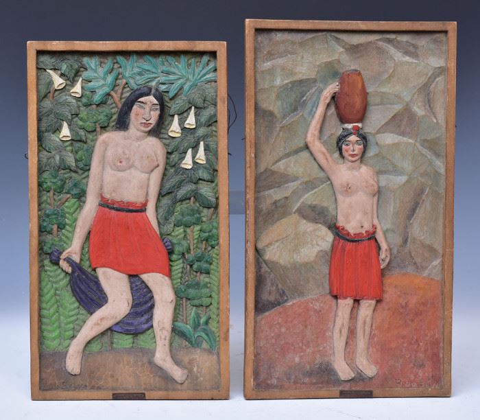 Roberto De La Selva two carved wooden plaques depicting
partially nude women
largest 17 1/4" x 9 3/4"
both signed             Bid on-line today through March 21st at www.fairfieldauction.com