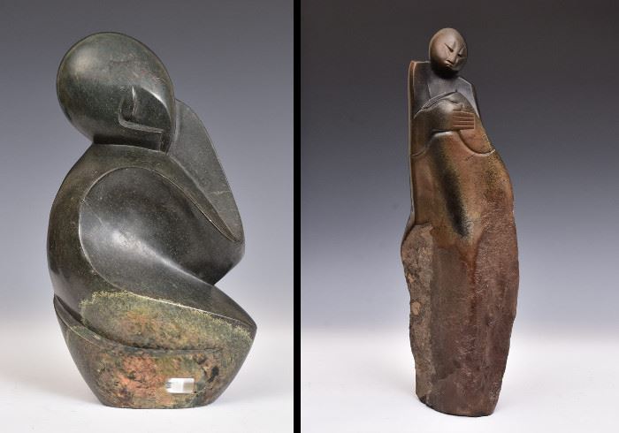 Two African Carved Stone Sculptures Sleeping Figure by David Gopito
14" high, signed D. Gopito on base and 
Figure with Folded Hands
22" high signed N.V.M.             Bid on-line today through March 21st at www.fairfieldauction.com