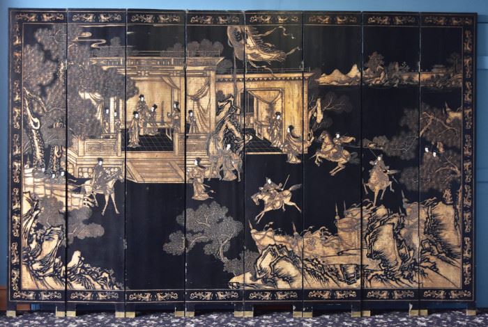 Chinese Coromandel Screen Eight Panel Court Scene
10' 8" wide, 84" high
19th century             Bid on-line today through March 21st at www.fairfieldauction.com