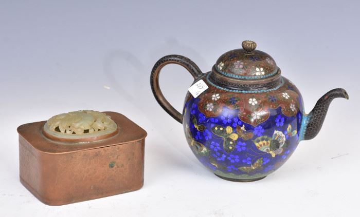 Chinese Cloisonne Teapot  5" high, together with hammered copper
dresser box, fitted with a jade mount             Bid on-line today through March 21st at www.fairfieldauction.com