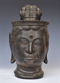 Southeast Asian Bronze head of goddess
17 1/2"  tal             Bid on-line today through March 21st at www.fairfieldauction.com