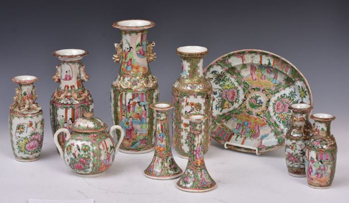 Rose Medallion China  including pair of candle sticks, charger,
six vases, the largest 12" high, and a
sugar bowl             Bid on-line today through March 21st at www.fairfieldauction.com