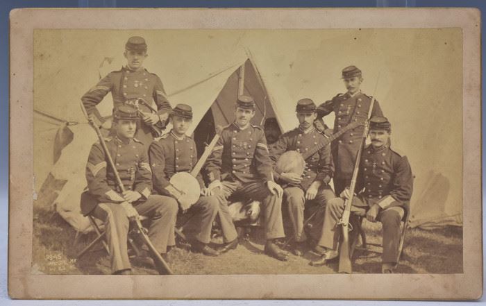 Civil War Camp Scene  Boudoir Cabinet Card- 
seven soldiers including two rifles, two with
banjos and one with bugle
8 1/2" x 5 1/4" together with 8 Civil War
envelopes             Bid on-line today through March 21st at www.fairfieldauction.com