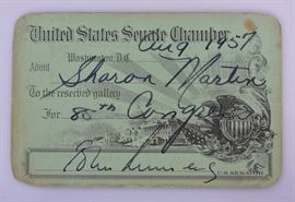 John F. Kennedy Signed US Senate Pass             Bid on-line today through March 21st at www.fairfieldauction.com