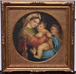 after Raphael Madonna della Sedia
12 1/4" x 12 1/4" oil on canvas
titled and signed  E. Bianchini verso             Bid on-line today through March 21st at www.fairfieldauction.com