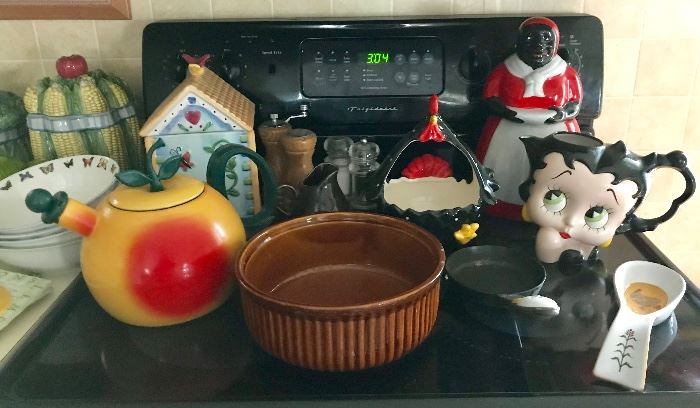 Cookie Jars (More than Pictured), Peach Tea Pot, Betty Boop Pitcher, Rooster Ceramic Basket, Cast Iron  & More
