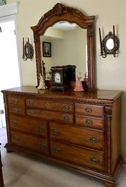 Oak Dresser with Mirror, Candle Sconces (Brass) & More