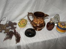 vintage perfume bottle, glass paper weights, hand painted china and more 