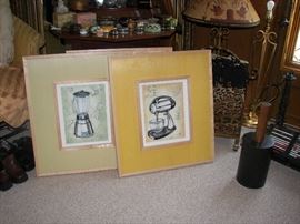 3 wood matted and framed kitchen appliance prints 