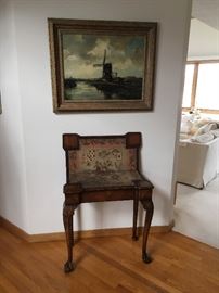 “Windmill” Painting by William J. Leenders above an Antique Game Table with Original Needlepoint Top 