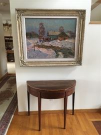 Painting by Fyodor Dmitrievich Kolesov above an Antique Flip Top Table
