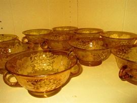 Amber cut to clear soup bowls with saucers (not pictured)