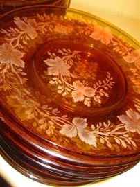 Amber Cut to Clear Grape Motif Plates, 10.5"