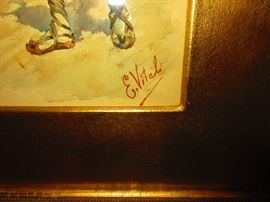 E. Vitali (Italian, First Quarter 20th Century) framed watercolor, "Farmhand with Pipe and Hoe" 12x6.25