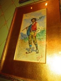 E. Vitali (Italian, First Quarter 20th Century) framed watercolor, "Farmhand with Pipe and Hoe" 12x6.25