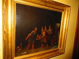 Attributed to the school of Cornelius van Poelenburgh (1594-1667) Netherlands, 'Soldato All 'Interno Di Una Grotta'  oil on canvas in gilded frame, 28x25