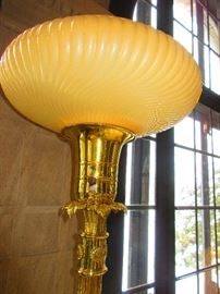 Detail of one of a pair of Brass Torchiere Lamps 