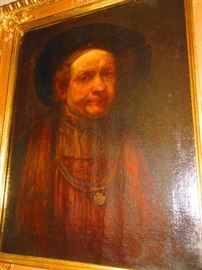 Early 18th C. copy of Rembrandt Self Portrait, oil on canvas in a gilded frame, 32x26