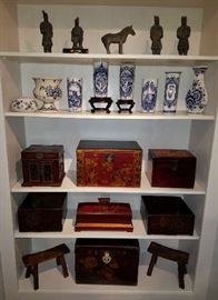 Delft, Asian Boxes, Head Rest, and Asian Figurines