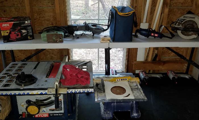 Ryobi 10" table Saw, Wet Saw, Porter Cable Sawzell, Rockwell jig Saw, Ryobi Detail Sander, Craftsman 10" Skill saw, Craftsman Finish Nailer 16 gauge, Brad nailer and 1/2" Crown stapler