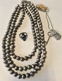 Sterling Silver Gucci Vintage, 1950s Sterling triple strand ball necklace, Hemitite Sterling Ring