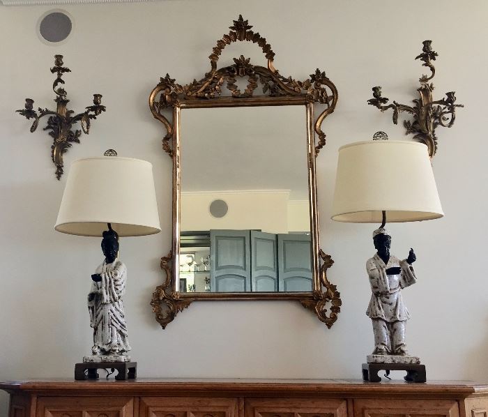 Fancy Gilt-Frame Mirror and French-Style Wall Sconces; Mid-Century Modern Rare Art Pottery  Lamps by Marcello Fantoni