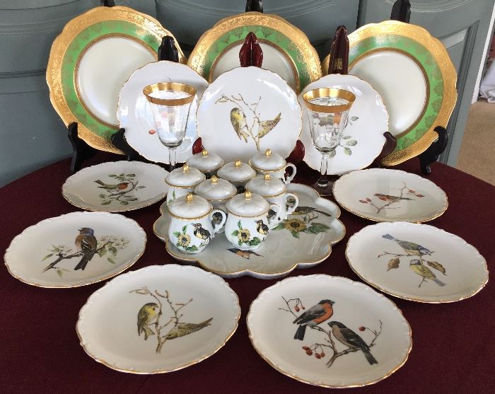 Antique Bavarian Plates, Limoges Pot de Creme, Bird Plates by Arzberg, and Gold-Rimmed Stems