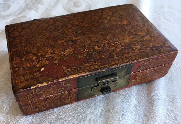 Chinese Leather Box with Figural Painting, Inside and Out