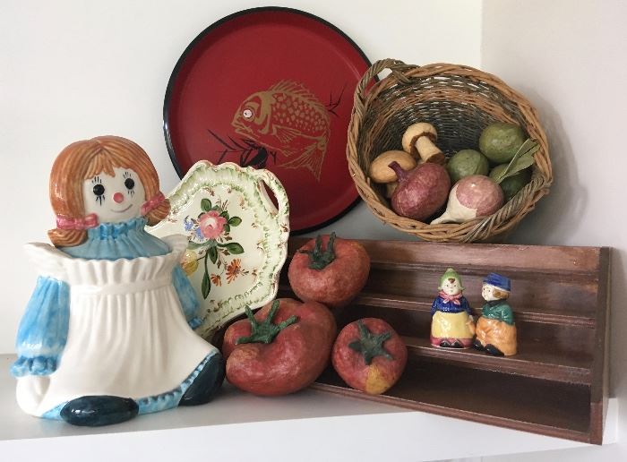 Kitchen Charm: Raggedy Ann Cookie Jar, Spice Rack, Figural Salt and Pepper Shakers, Papier Mache Vegetables,  and More