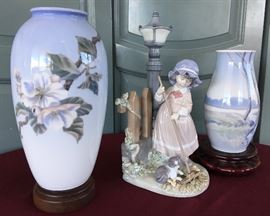 Royal Copenhagen and Bing and Grondahl Porcelain Vases (Hand-Painted); Illadro Girl with Cat