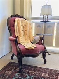 Victorian Tufted Velvet Chair; Chinese Silk Outfit