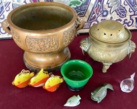 Chinese Brass Urn with Fish Handles and Mythical Beast Reserves; Chinese Brass Censer; Older Peking Glass Bowl; More