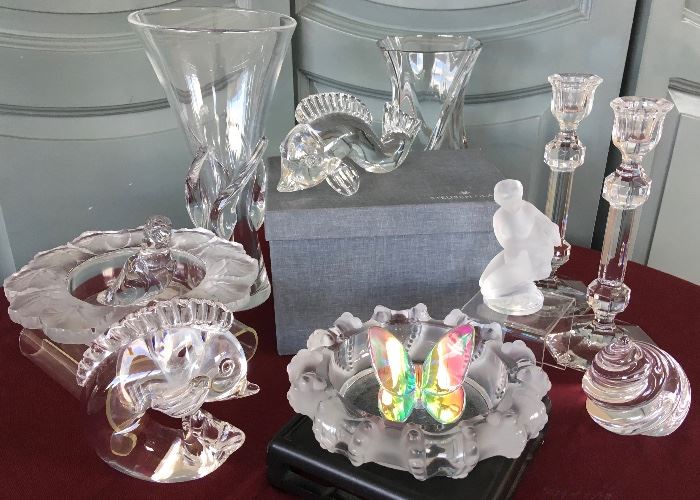 Steuben Tall Mid-Century Vase, Pair Rare Steuben Dolphins, Steuben Paperweights; Lalique "Honflleur" Dish, Lalique "Cannes" Bowl, Lalique Figure of Diana and a Fawn