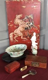 Chinese Painted Panel, Quan Yin, Painted Leather Box, More