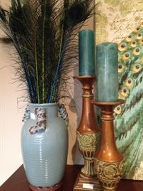 Vase with peacock feathers; good looking candle holders